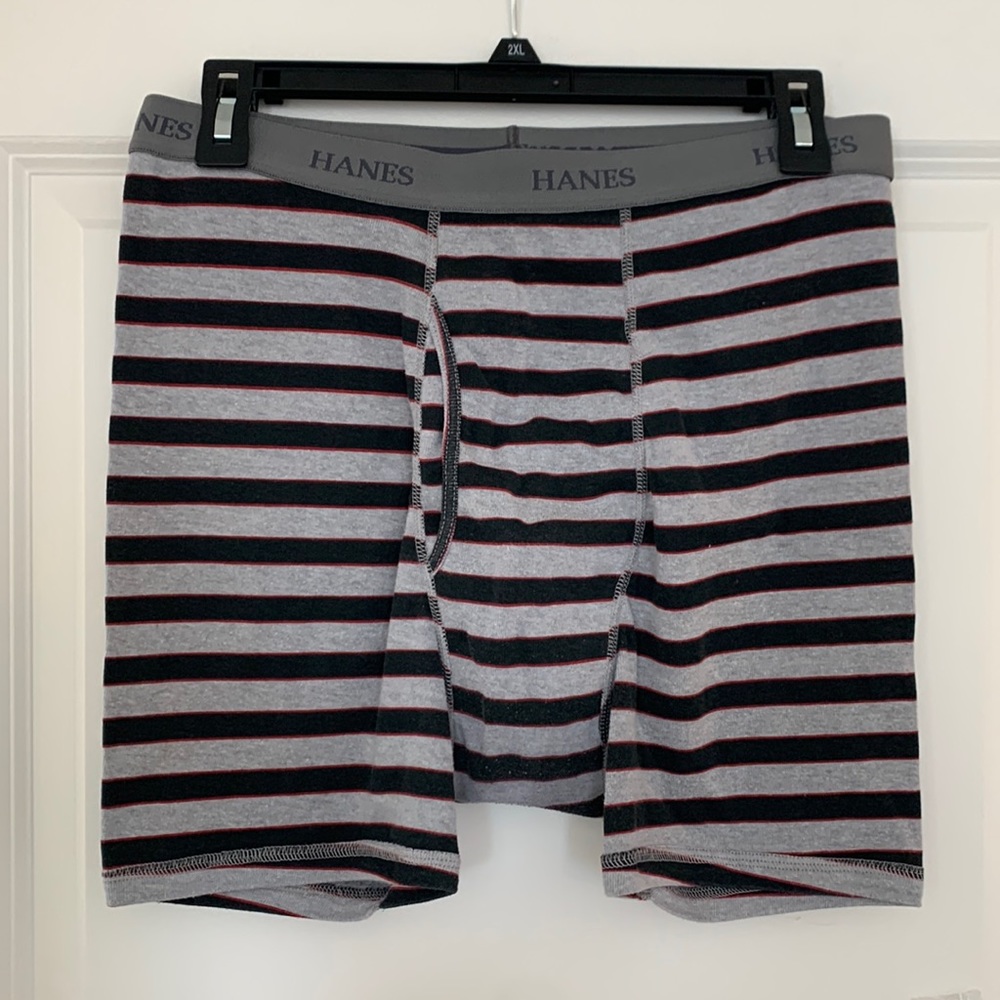 Mens Hanes Large Boxer Briefs Grey and Black Stripes Used